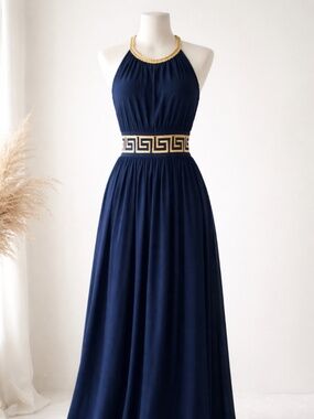 Navy Blue Greek Maxi Dress with Gold Embroidery, Halter Neck, Size L